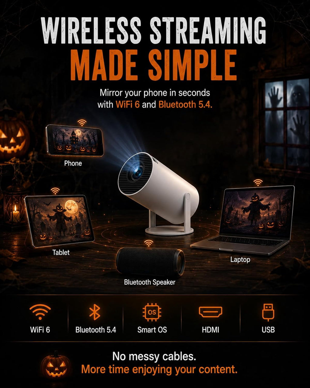 Hcppkzl Halloween Window Projector, 4k Smart Dual-Band Wifi, Scary Hologram Projection Effects, White