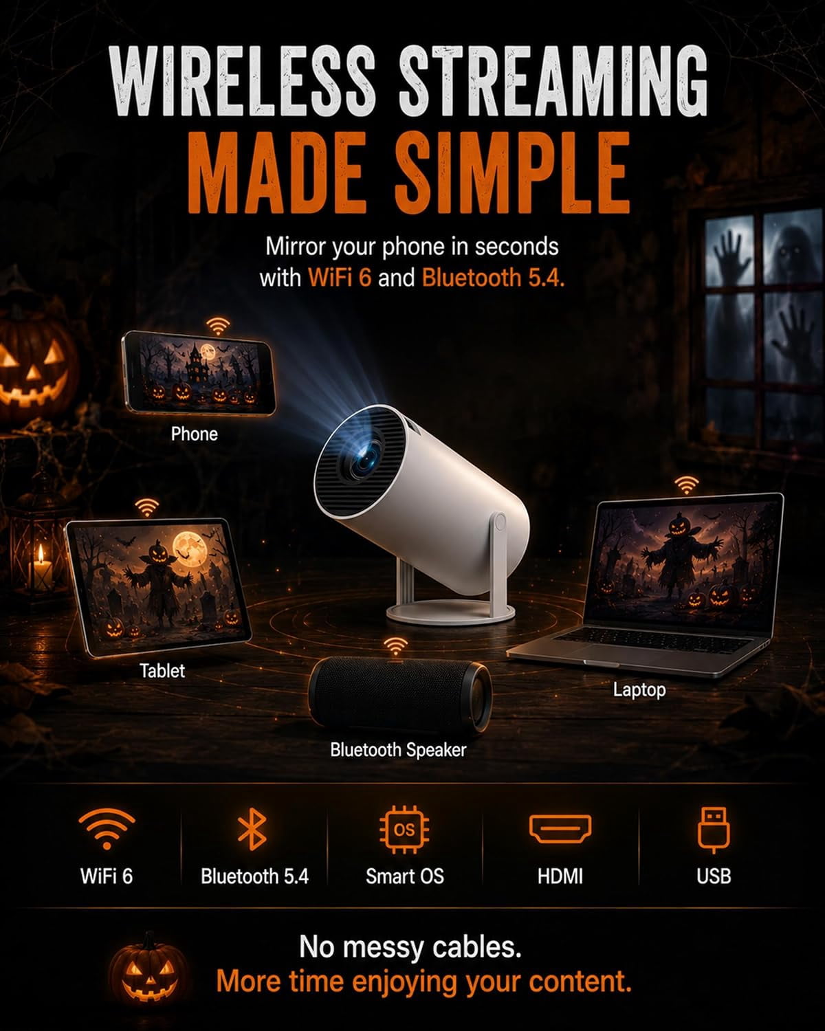 Hcppkzl Halloween Window Projector, 4k Smart Dual-Band Wifi, Scary Hologram Projection Effects, White