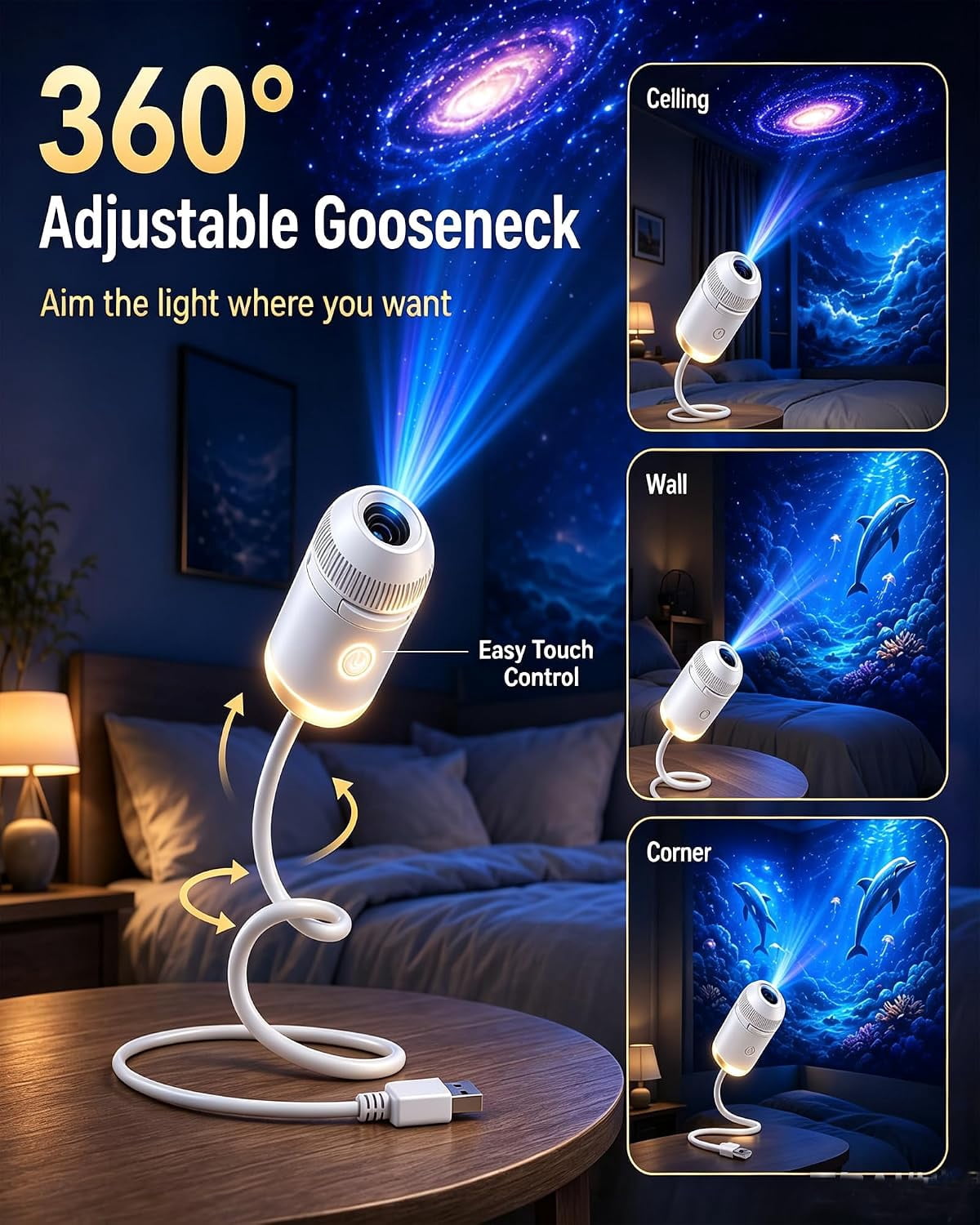 2-in-1 Holographic Galaxy Night Light, Hd 5d Star & Ocean Projector, 360° Static Ceiling Lamp, Usb Powered, Plug And Play