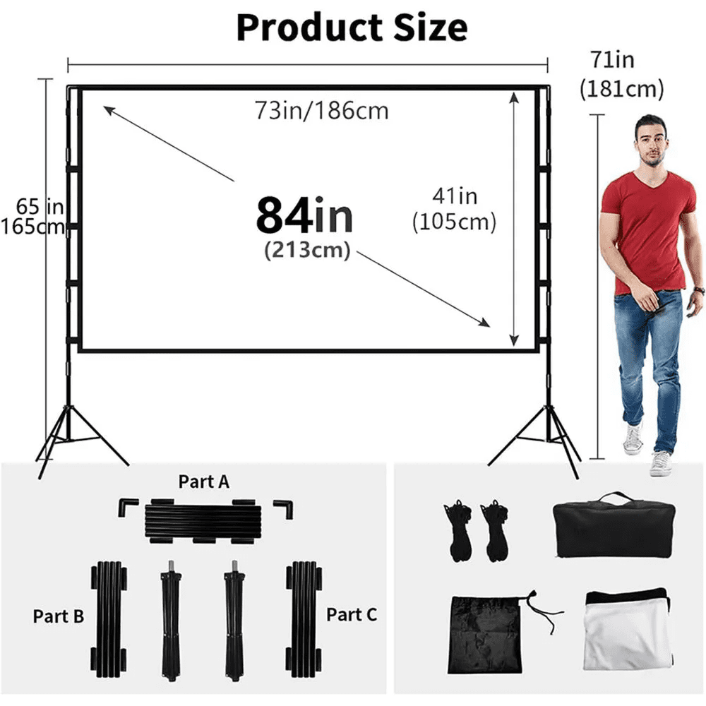 HVKDIEB Projector Screen with Stand,100 Inch 16:9 HD 4K Indoor Outdoor Projection Cinema Screen