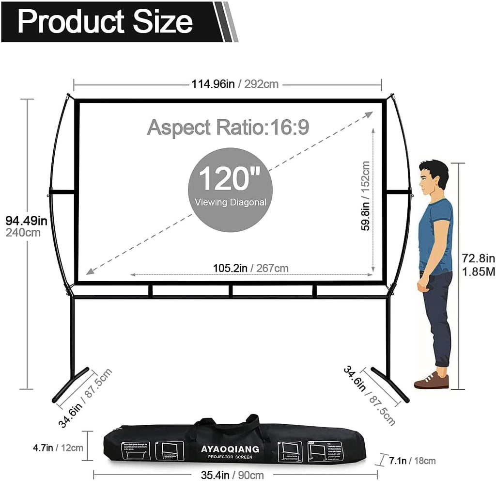 Projector Screen with Stand Foldable Portable Movie Screen 120 Inch, HD 4K Double Sided Projection Screen Indoor Outdoor Projector Movies Screen for Home Theater,16:9