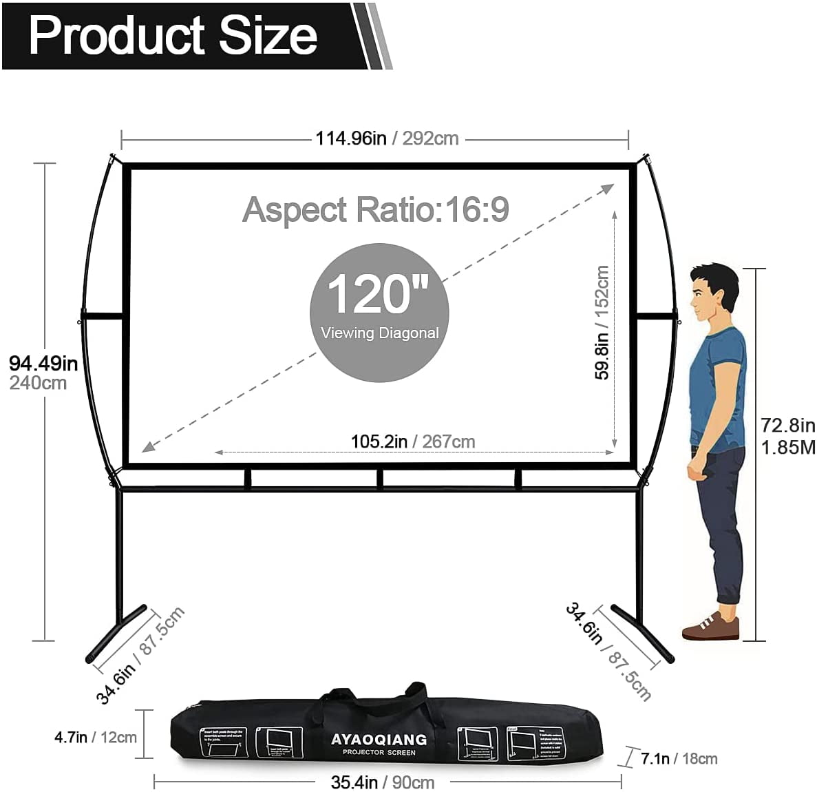 Projector Screen with Stand Foldable Portable Movie Screen 120 Inch, HD 4K Double Sided Projection Screen Indoor Outdoor Projector Movies Screen for Home Theater,16:9