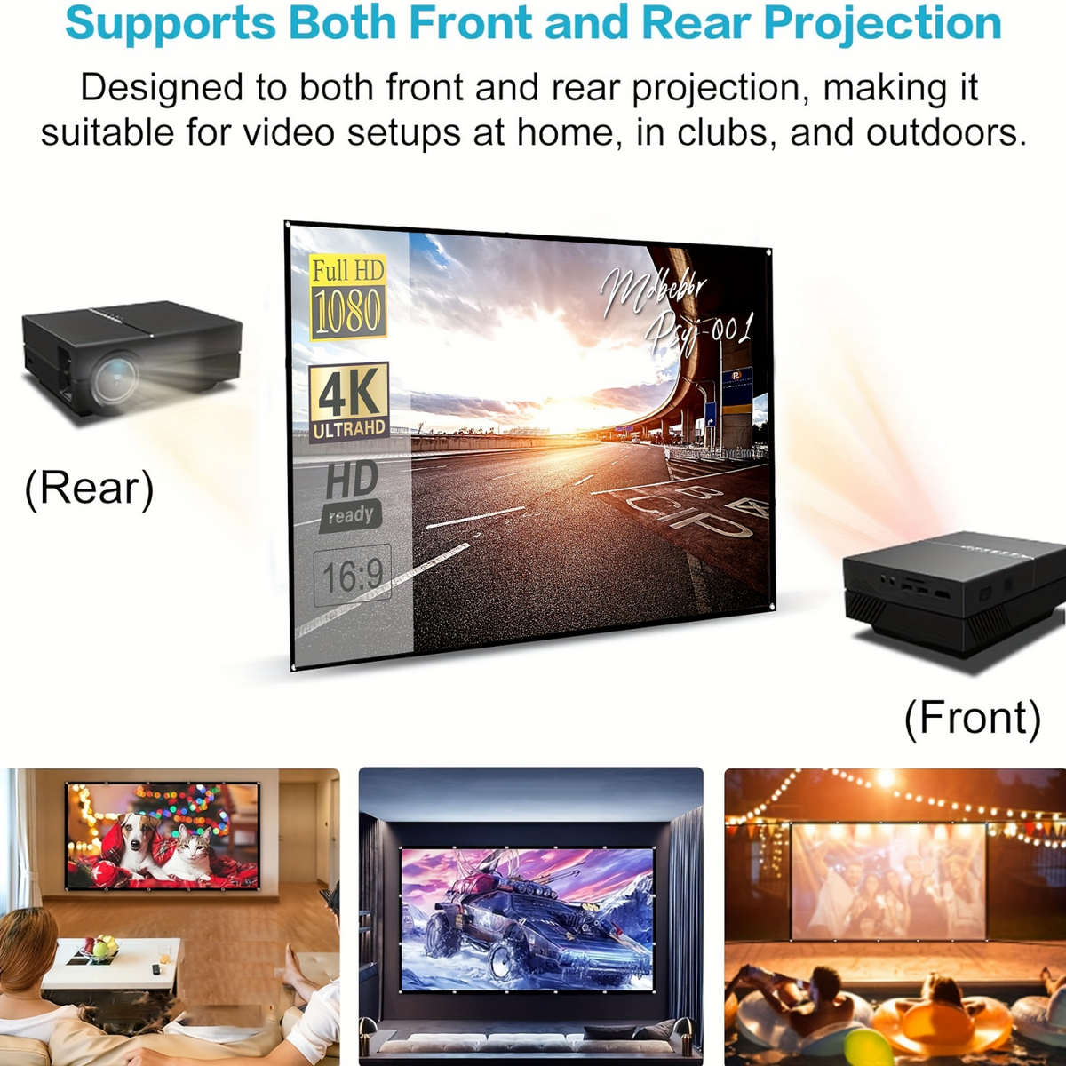 Jous 120 inch Projector Screen 16:9 Foldable Anti-Crease Portable Movies Screens for Home Theater Outdoor Indoor Support Double Sided Projection
