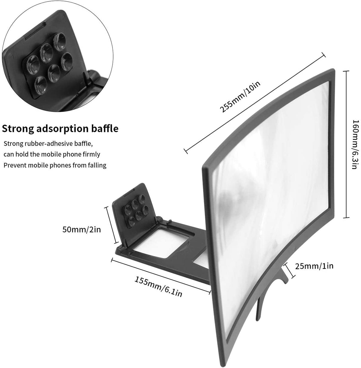 Qishi 12'' 3D Curved Screen Magnifier for Mobile Phone, HD Magnifier Projector Screen Enlarger for Videos, Movies, Games, Foldable Phone Stand with Screen Amplifier, Compatible with All Smartphones