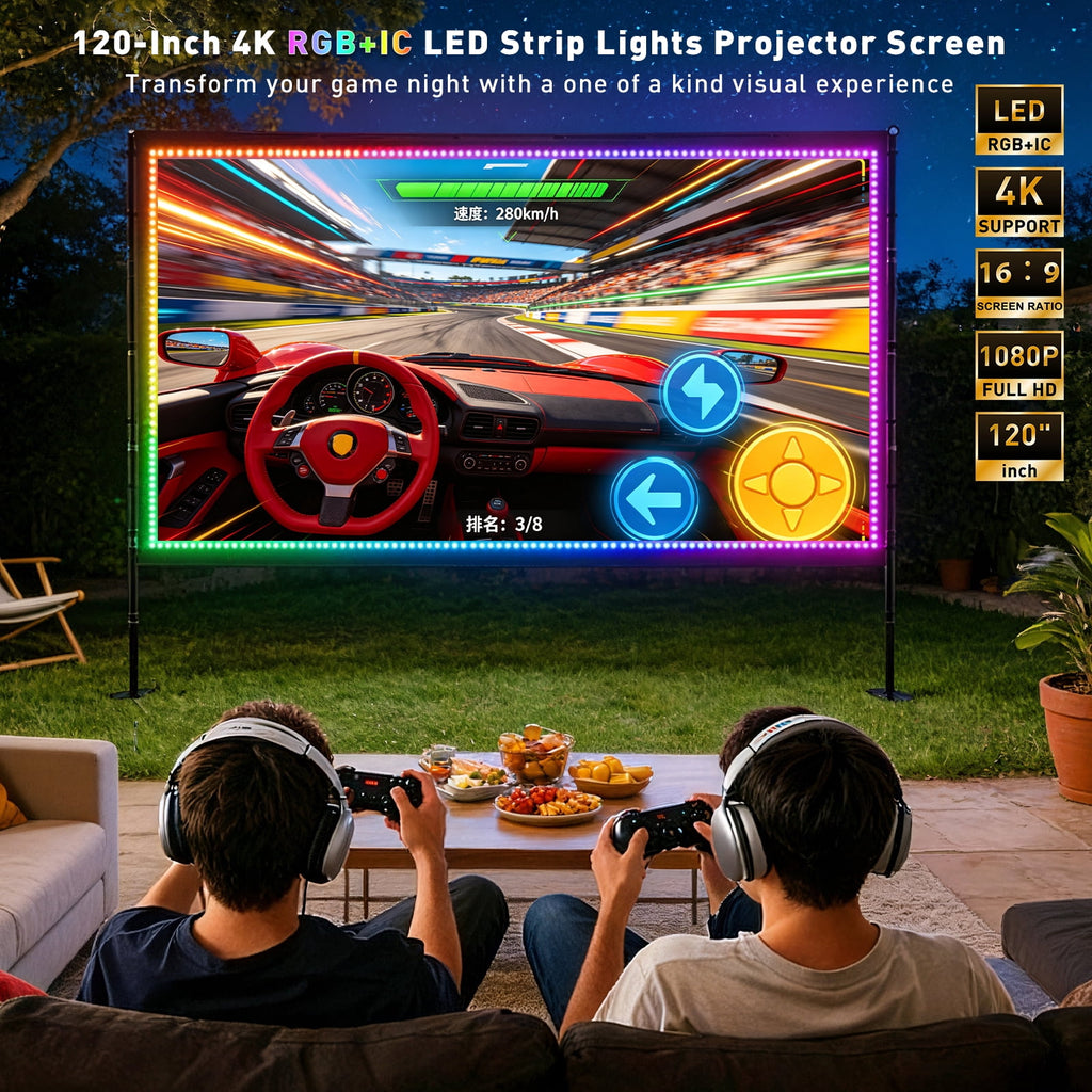 120 inch Outdoor Projection Screen with Stand, Smart RGB LED Strip Light, 4K 16:9 Wrinkle Wind Resistant Movie Screen, Foldable Portable Projector Screen for Backyard Camping Home Theater