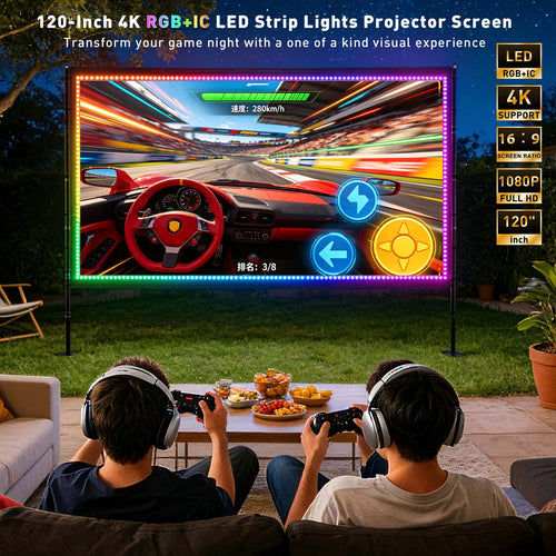 120 inch Outdoor Projection Screen with Stand, Smart RGB LED Strip Light, 4K 16:9 Wrinkle Wind Resistant Movie Screen, Foldable Portable Projector Screen for Backyard Camping Home Theater