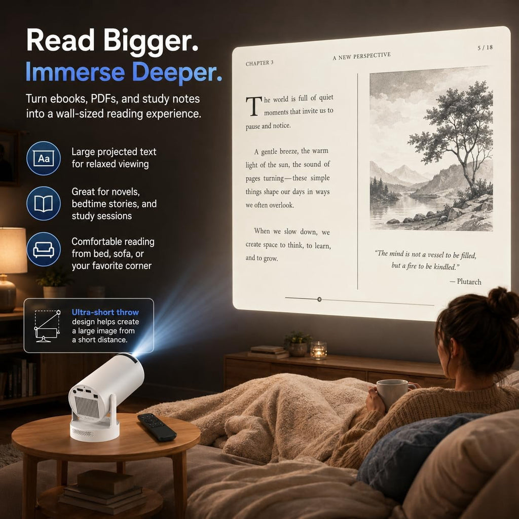 BookCast Projector, Book Cast Smart Projector, Immersive Wall-Sized Reading,Built-in Apps, 4K Support, 180° Rotating, Auto Keystone