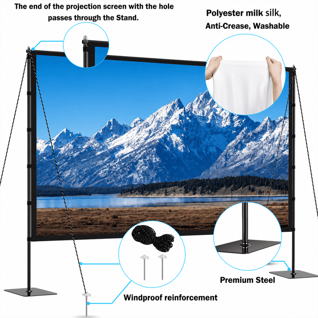 TIKBBRMG Projector Screen with Stand, 120inch Portable Outdoor Indoor Projection Screen, 16:9 4K HD Movie Screen with Carry Bag, Ropes and Ground Stakes for Backyard, Camping, Theater