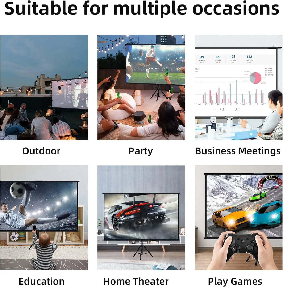 GAINVANE Projector Screen With Stand Foldable White Less Creases 100 inch Soft Double Sided Screen Home Theater Outdoor