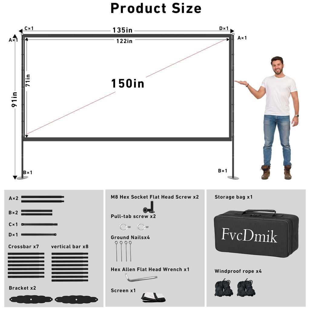 Projector Screen with Stand, 150 inch Indoor Outdoor Projection Screen, Portable 16:9 4K HD Rear Front Movie Screen with Carry Bag Wrinkle-Free Design for Home Theater Backyard Cinema