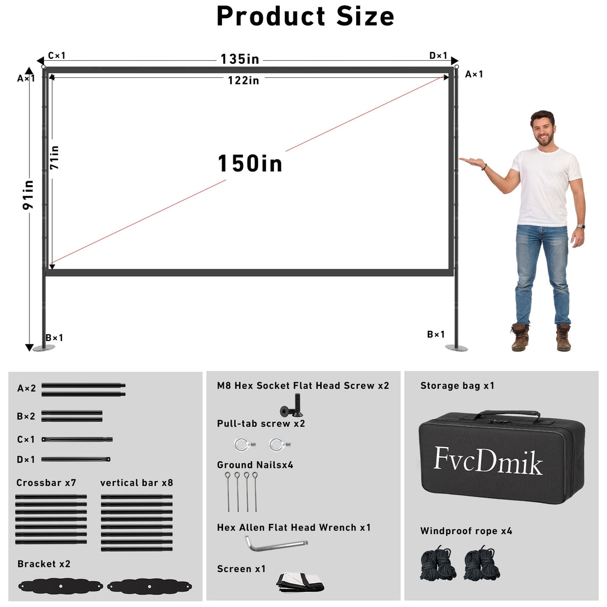 Projector Screen with Stand, 150 inch Indoor Outdoor Projection Screen, Portable 16:9 4K HD Rear Front Movie Screen with Carry Bag Wrinkle-Free Design for Home Theater Backyard Cinema