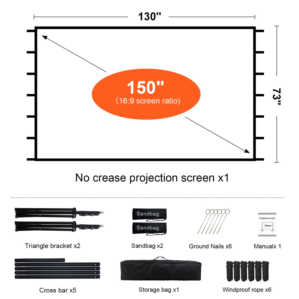 HVKDIEB 150 inch Outdoor Projector Screen with Stand,16:9 4K 3D Indoor Movie Screen,Wrinkle Resistant,Suitable for Home Theater Movies Night