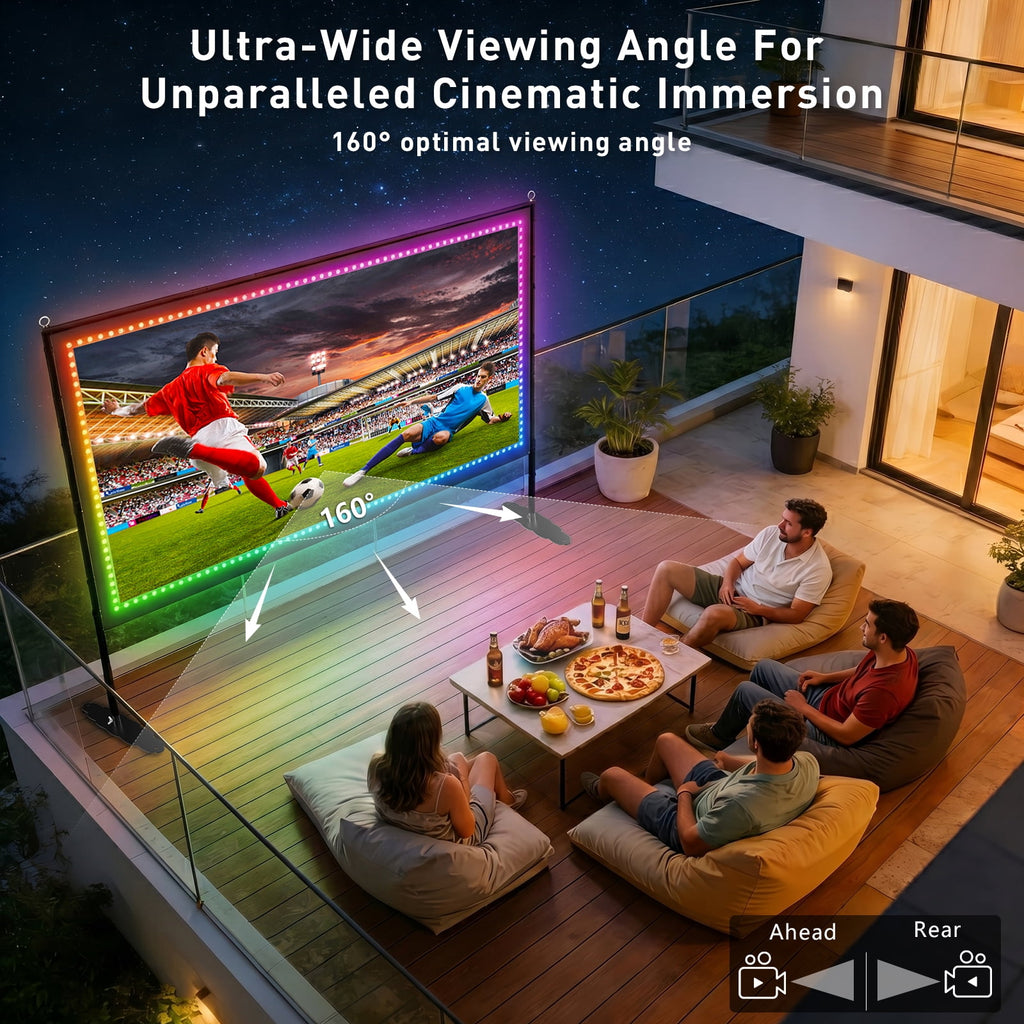 120 inch Outdoor Projection Screen with Stand, Smart RGB LED Strip Light, 4K 16:9 Wrinkle Wind Resistant Movie Screen, Foldable Portable Projector Screen for Backyard Camping Home Theater