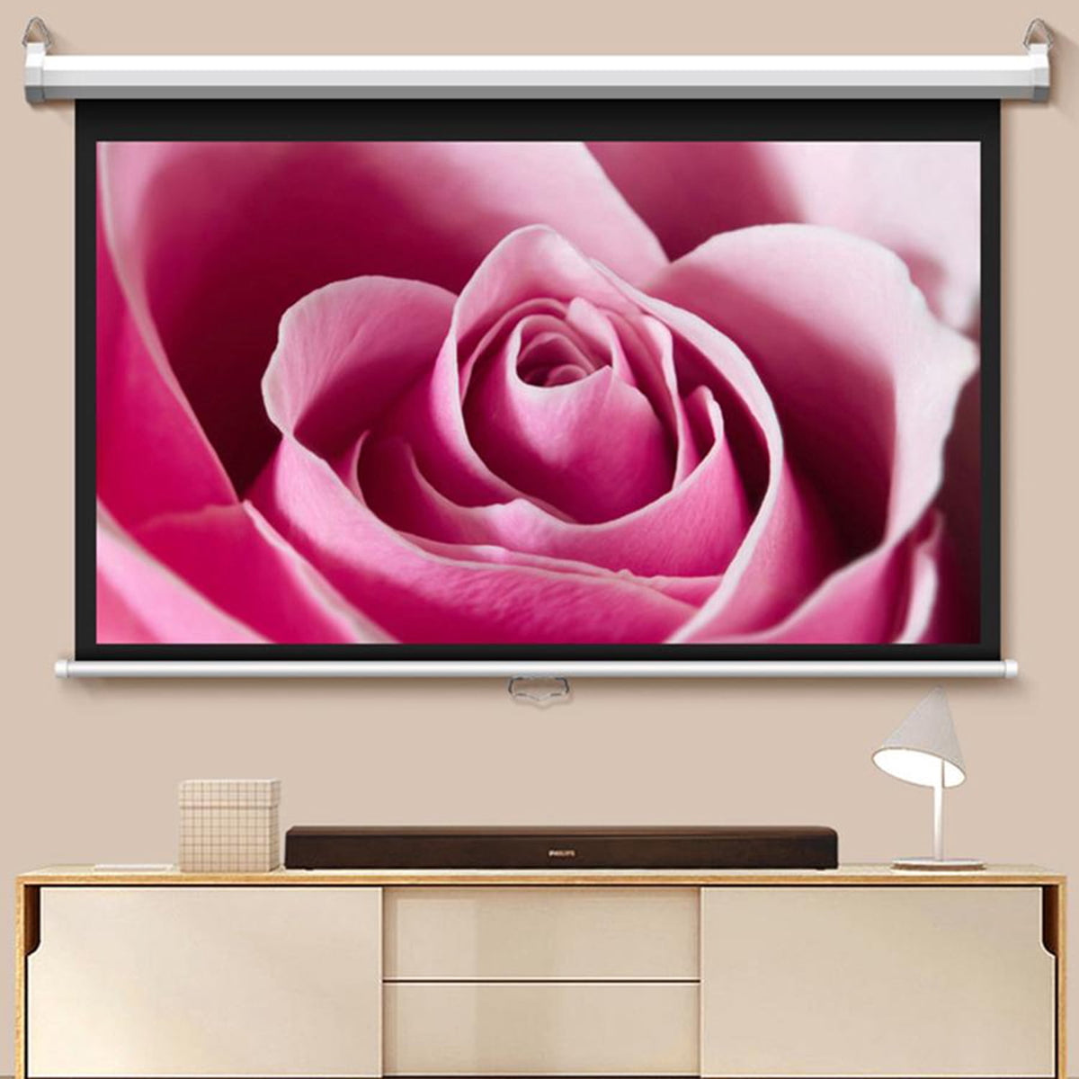 HVKDIEB Manual Pull Down Projector Screen 84 inch 16:9 Retractable Projector Screens for Movie Home Theater Cinema Office Video Game, White
