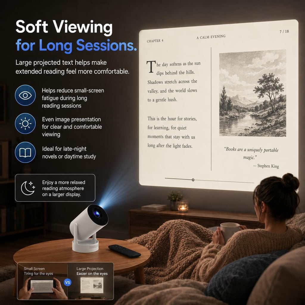 BookCast Projector, Book Cast Smart Projector with 180° Rotating Stand, Auto Keystone and Built-in Apps, 4K Support for Bedroom Reading, Movies and Home Entertainment