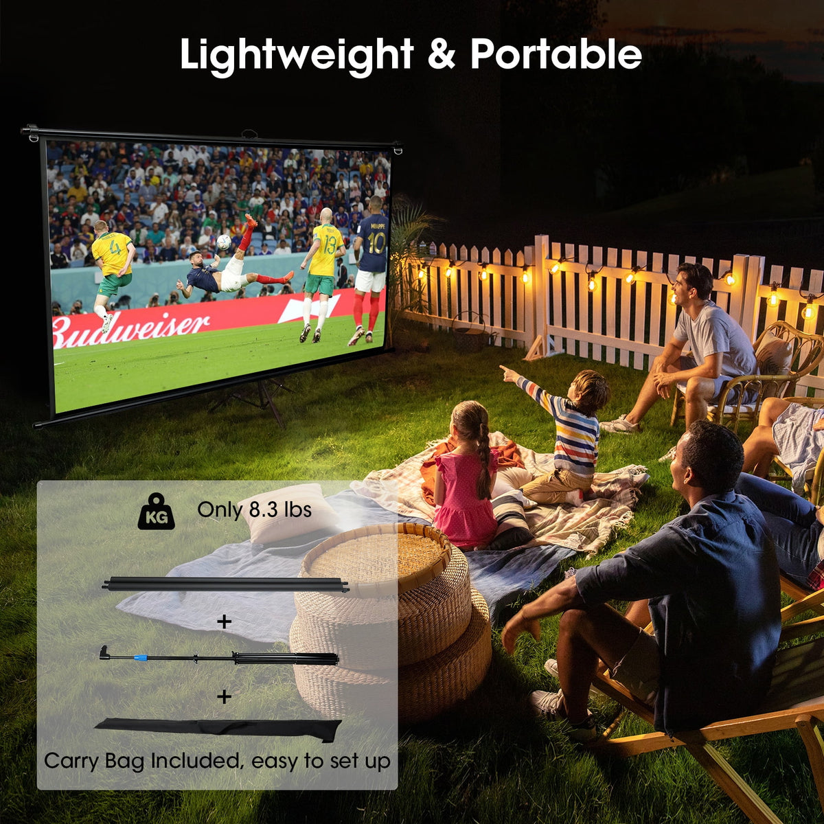 SCREENMAX Outdoor Projector Screen with Stand, 80 inch 16:9 4K HD Wrinkle-Free and Foldable Projection Screens for Outdoor Indoor