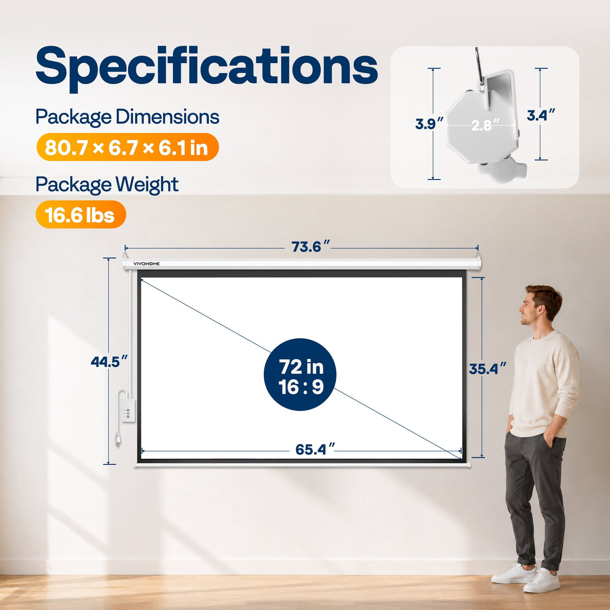 SPECSTAR Motorized Projector Screen with Remote, 16:9 84 Inch Auto Electric Projection Screen, HD 4K Movie Screen for Home Theater, Cinema, Office (73 x 41 Black)