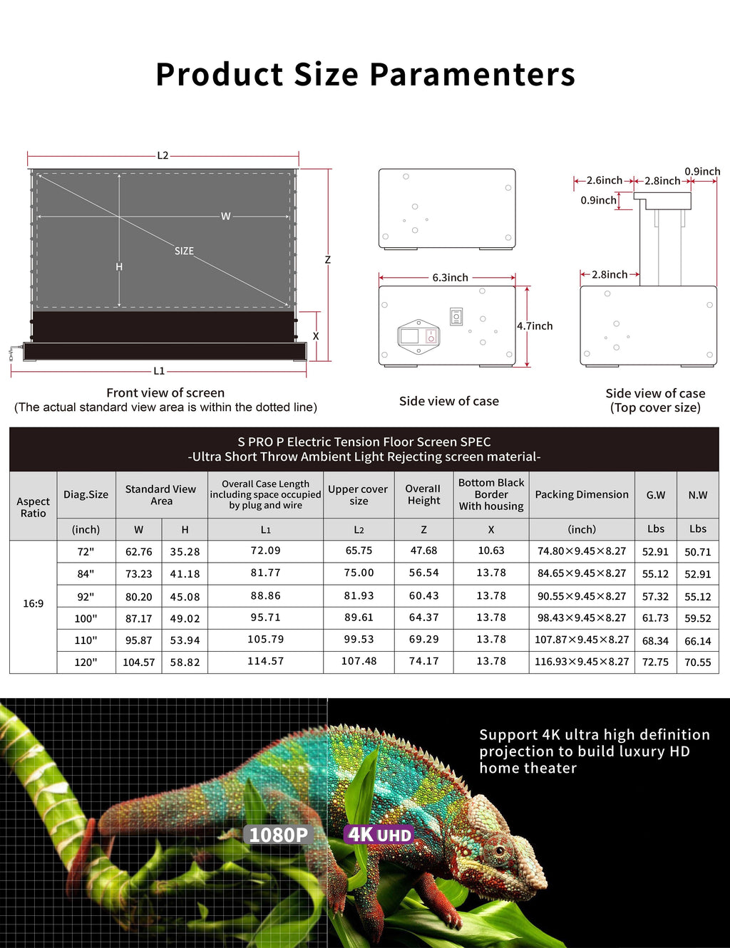 S PRO Electric Tension Floor Screen With UST ALR(Ultra Short Throw Ambient Light Rejecting)Material 【Only Suitable For UST Laser Projector And Settle On Table/Floor】