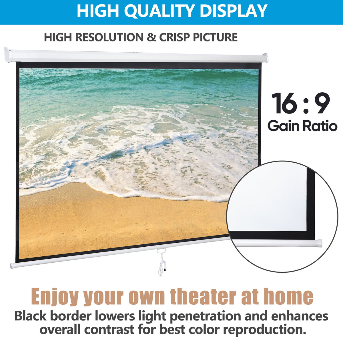 ZENY 80'' 16:9 HD Manual Pull Down Projector Screen Anti-Crease Foldable Portable Projection Screen for Home Theater Cinema Office, White