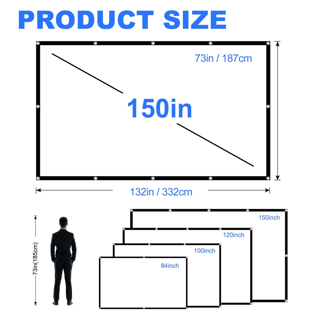 Toot shadow 150 inch Outdoor Projector Screen,Foldable Washable Indoor Portable Projection Screen Projector 4K 16:9 HD Rear Front Movies Screen for Backyard Home Theater Office