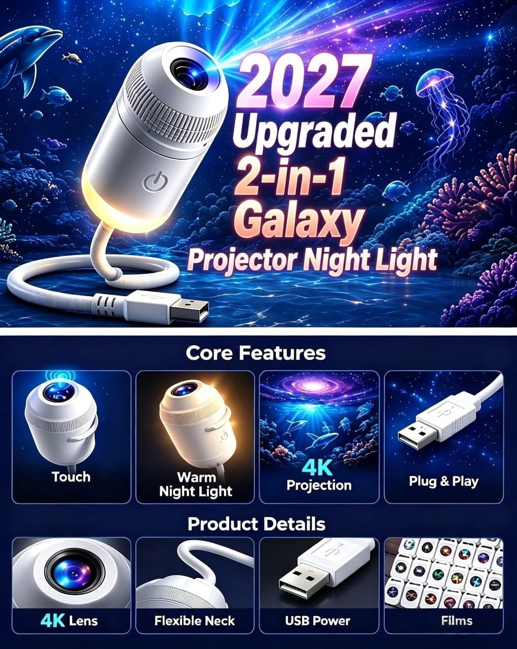 2-in-1 Holographic Galaxy Night Light, Hd 5d Star & Ocean Projector, 360° Static Ceiling Lamp, Usb Powered, Plug And Play