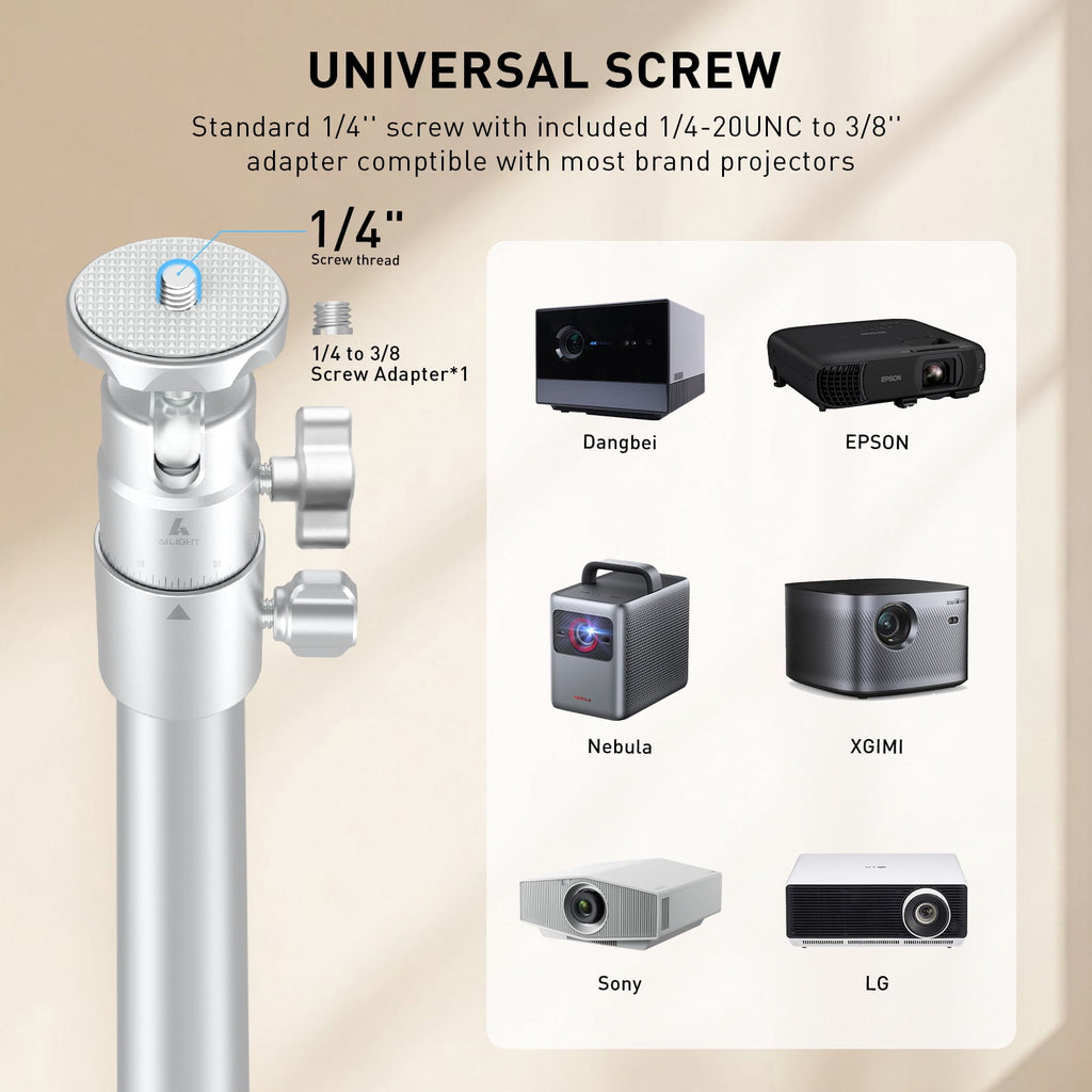 AILIGHT Projector Stand, 19"-47.5" Height Adjustable Floor Projector Mount Stand, Heavy-Duty 360° Swivel, Universal 1/4" & 3/8" Table Mount
