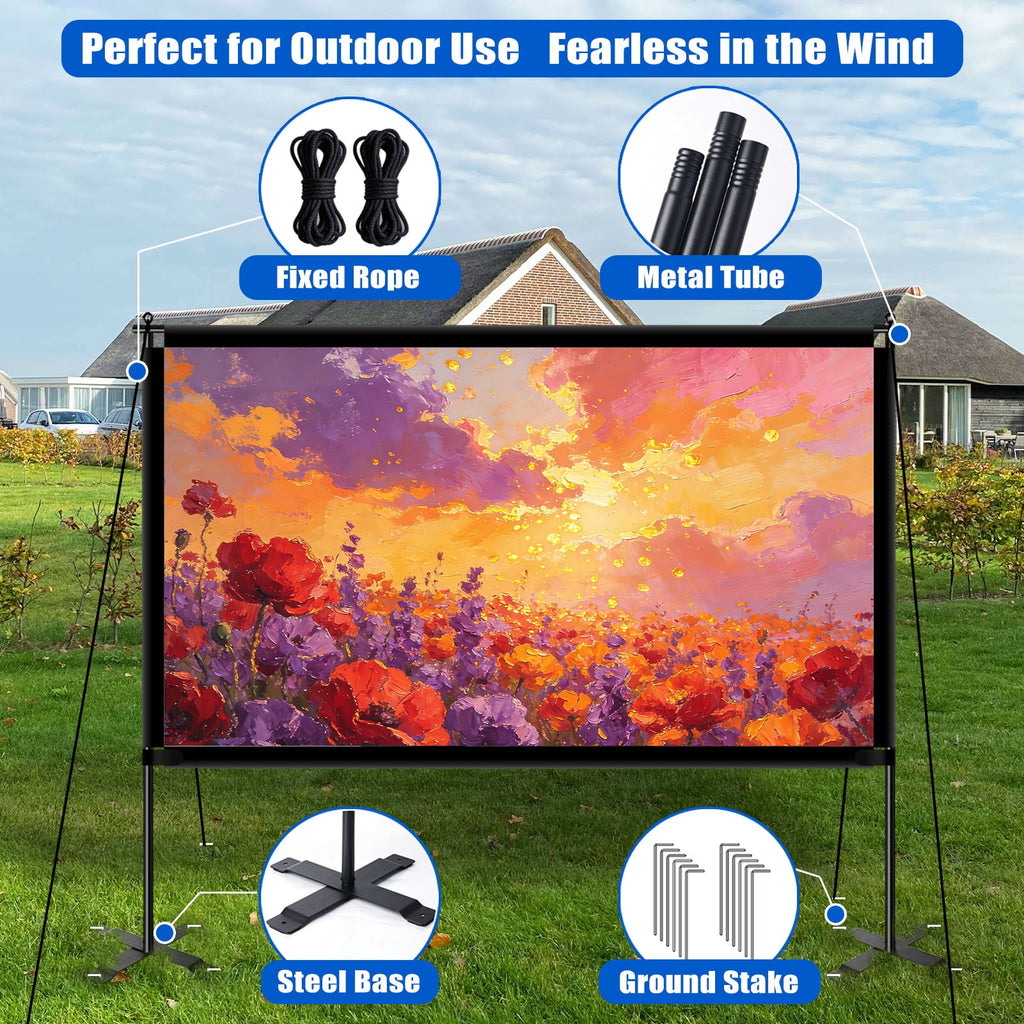 120inch Outdoor Projector Screen with Stand, 16:9 4K HD Portable Projector Screen with Carry Bag, Indoor Movie Projection Screen for Backyard, Camping, Home Theater