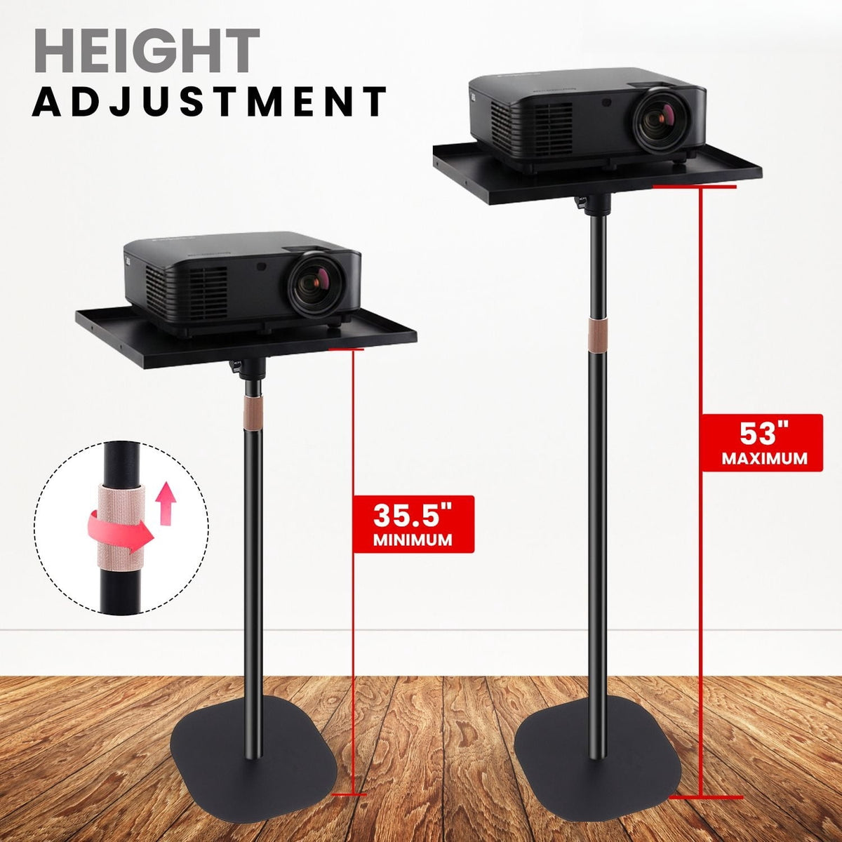 TENGDA Adjustable Floor Projector Stand 35.5‑53 Height Universal Projector Mount Tiltable Tray Heavy Duty Metal for Home Office Studio
