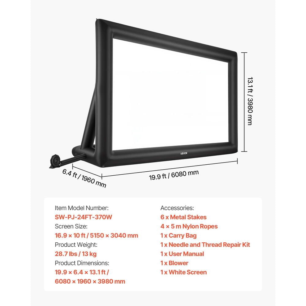 Inflatable Movie Screen, 24 Ft, Front and Rear Projection Capability, Quick Setup, Portable Storage Bag Included