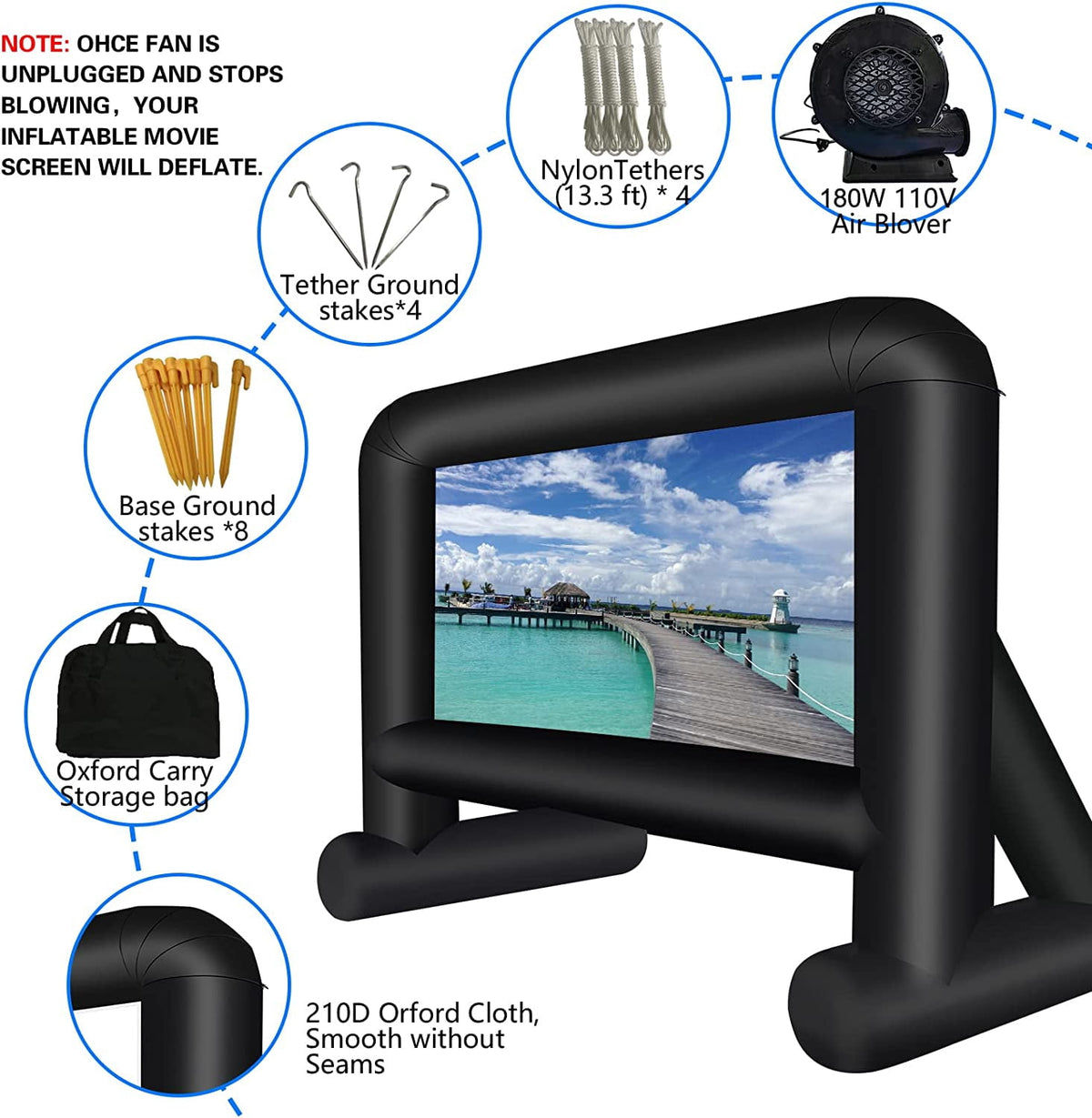 16 Feet Inflatable Movie Screen Outdoor, Projection Screen with Air Blower, Tie-Downs and Storage Bag - Easy Set up, Blow Up Screen for Backyard Movie Night, Theme Party