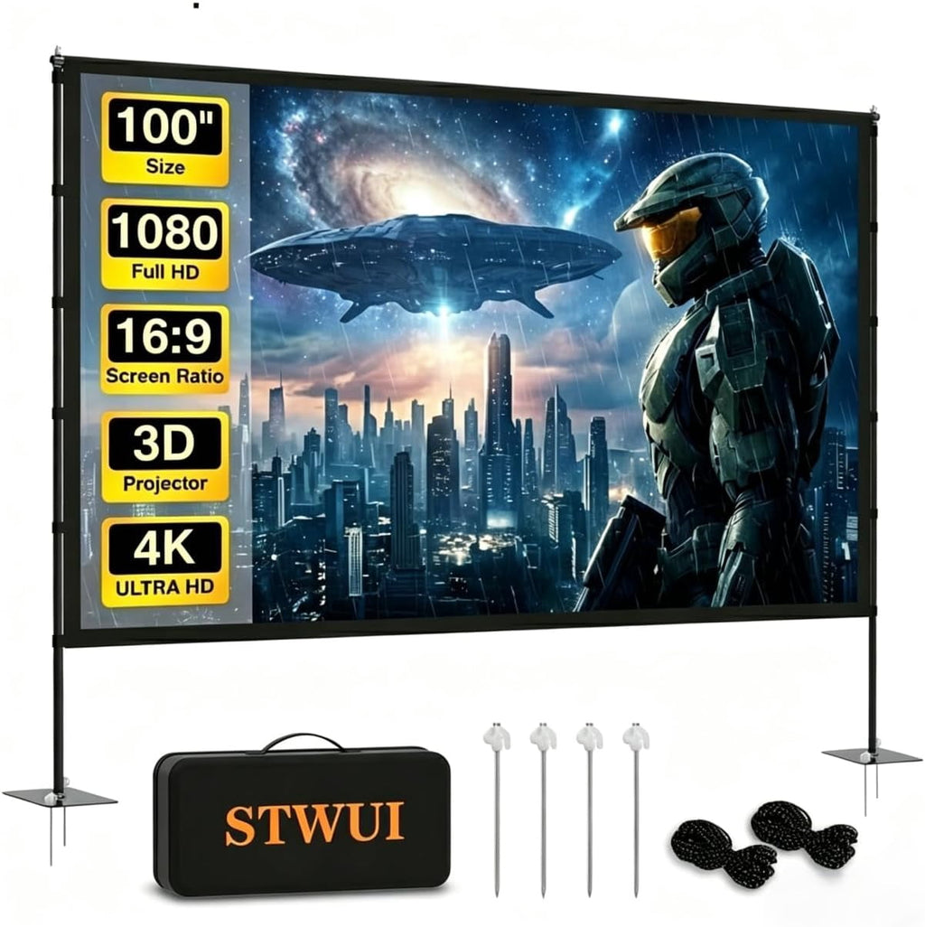 Projector Screen with Stand - 100 Inch Outdoor Projector Screen Portable Projector Screens 16:9 4K HD Outdoor Movie Screen with Carry Bag Can Enjoy Home Theater Projection Screen