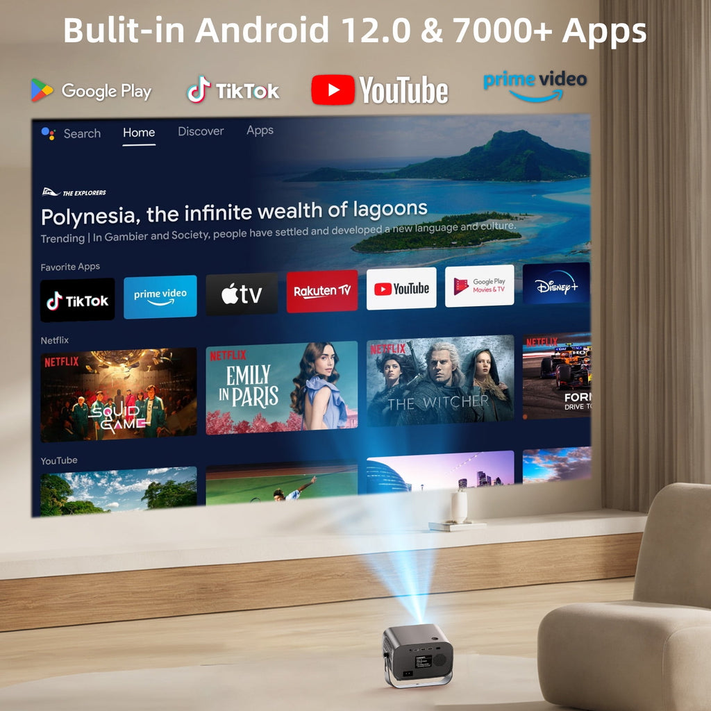 Smart Projector, Native 1080P with 4K Support, WiFi Bluetooth, Auto Focus, Keystone Correction, 360° Stand, 300'' Display for Home Theater