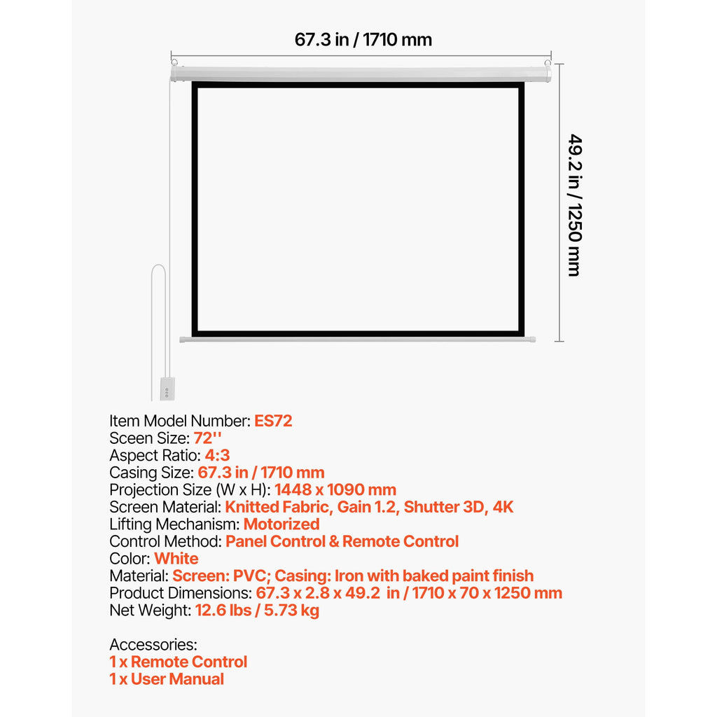 KFFKFF 72-Inch Motorized Projector Screen, 4:3 Aspect Ratio, 1080 HD Electric Projection Screen with Remote Control, Wall-Mounted Display for Home, Office, or Theater Use