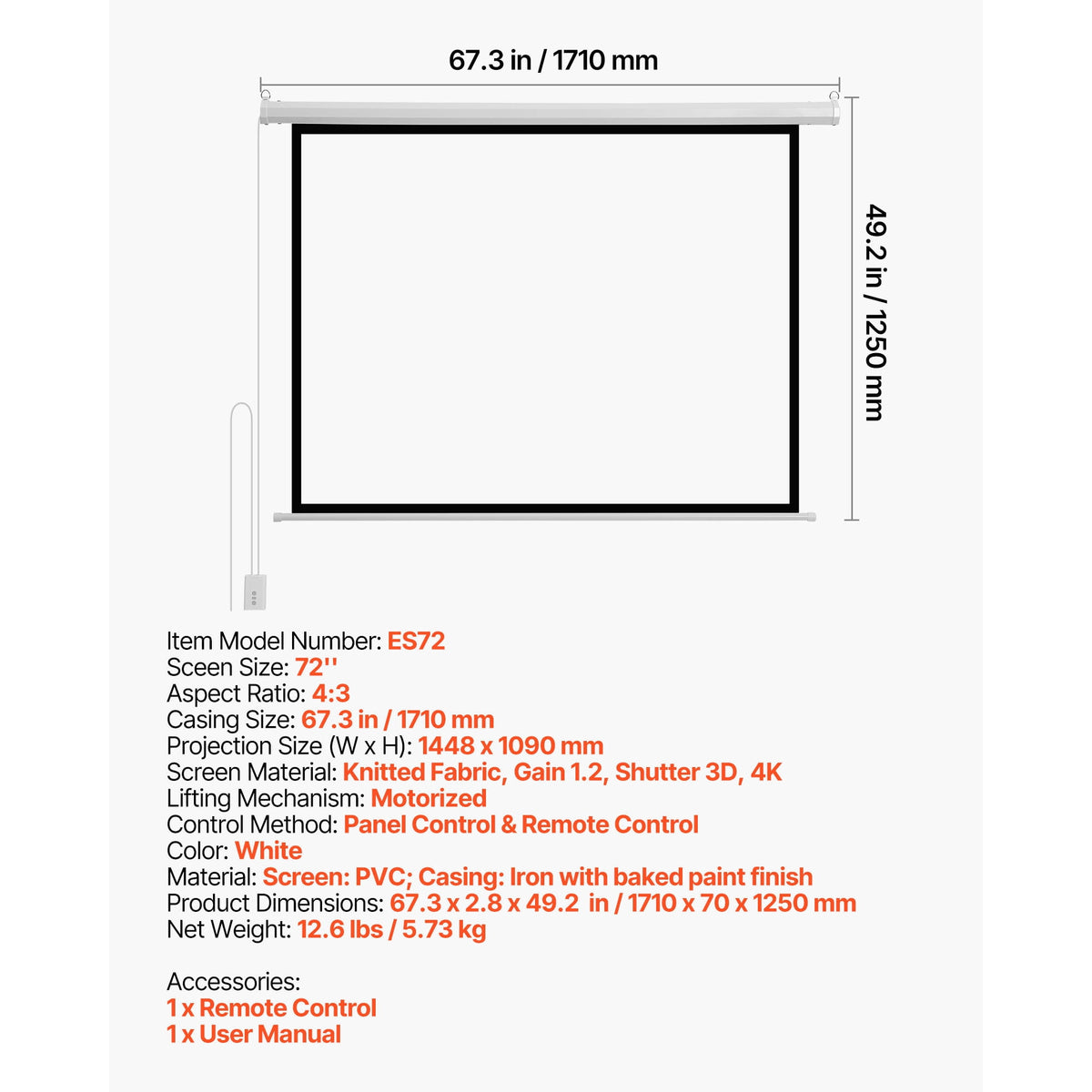KFFKFF 72-Inch Motorized Projector Screen, 4:3 Aspect Ratio, 1080 HD Electric Projection Screen with Remote Control, Wall-Mounted Display for Home, Office, or Theater Use