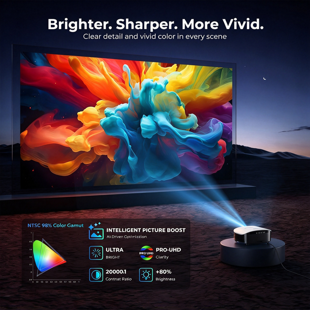 AI Smart Mini Projector with WiFi & Bluetooth, Auto Focus & Keystone FHD 4K Support Projector, Compatible with Netflix YouTube, Dolby Audio Home Theater for Outdoor Movie Night & Bedroom Cinema