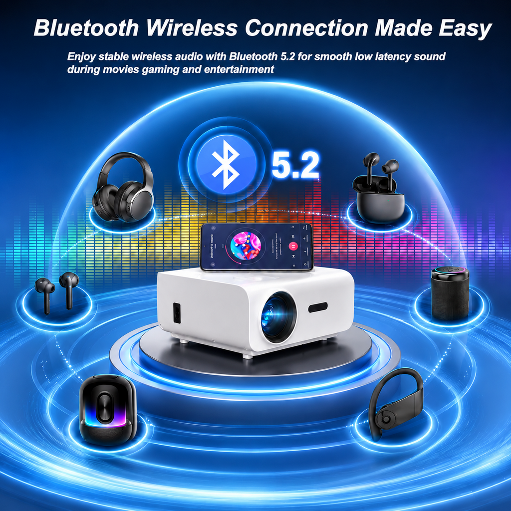 Groview Native 1080P Mini Projector with WiFi and Bluetooth, Outdoor Movie Projector with Built-in Speaker, 300 ANSI Home Theater Projector Compatible with PC/Phones/PS5 (Projector Screen Included)