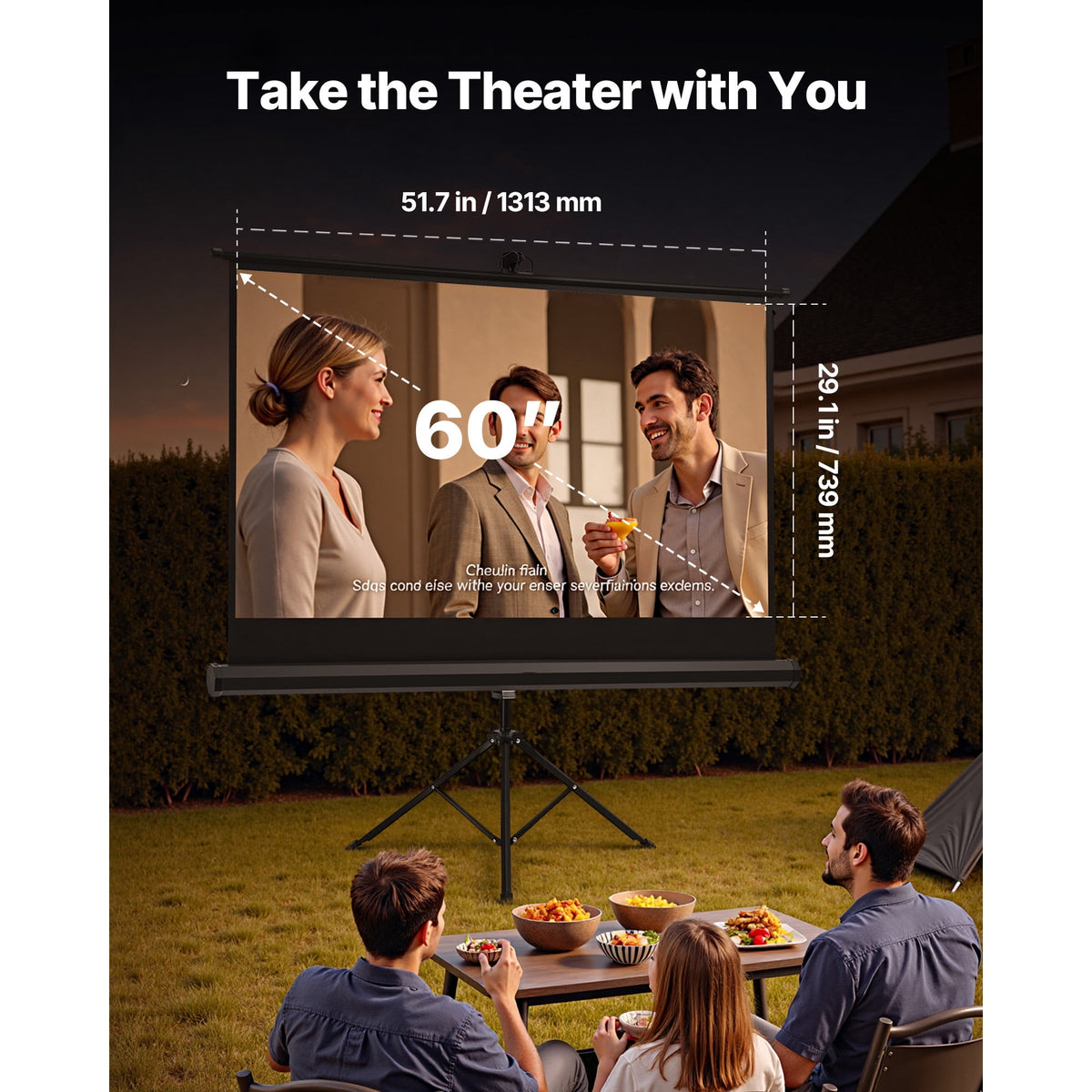 KFFKFF Portable 60-Inch Projector Screen with Stand, 16:9 HD Display, 160° Viewing Angle, Wrinkle-Resistant Design, Includes Tripod and Carry Bag for Indoor and Outdoor Use