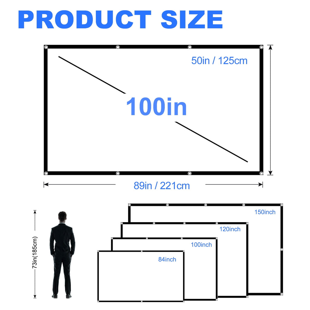 100 inch Outdoor Projector Screen,Foldable Washable Indoor Portable Projection Screen Projector 4K 16:9 HD Rear Front Movies Screen for Backyard Home Theater Office