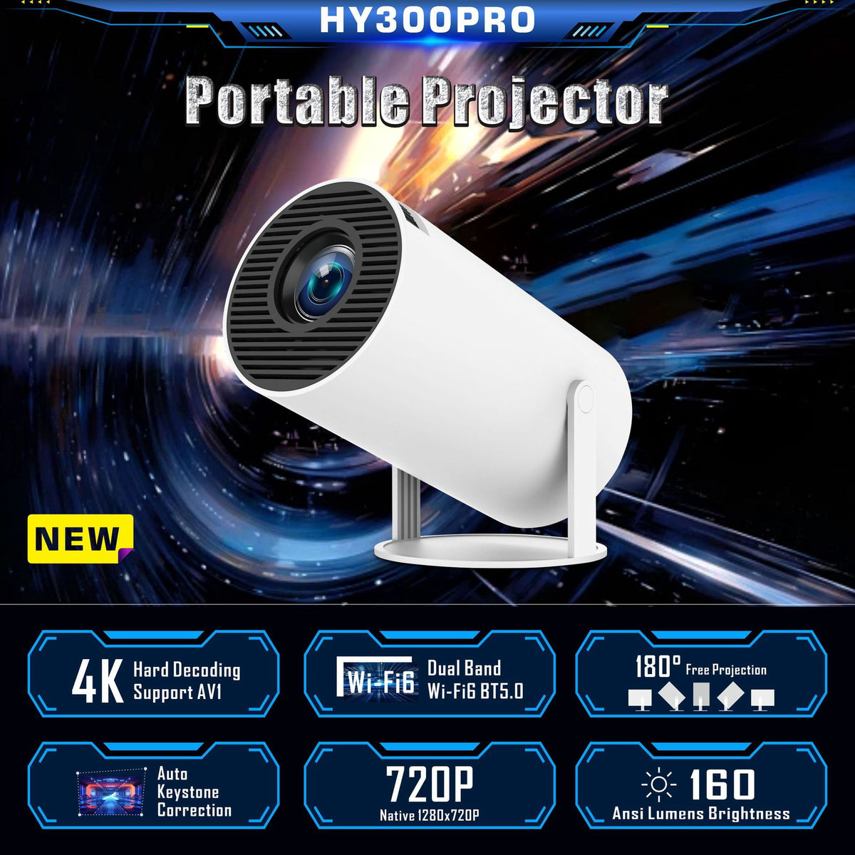 Mini Projector 4K Support with WiFi 6 & BT 5.4 290 ANSI Brightness, Auto Keystone, 180 Degree Rotation, Portable Projector for Home Theater & Outdoor Movies HY300Pro