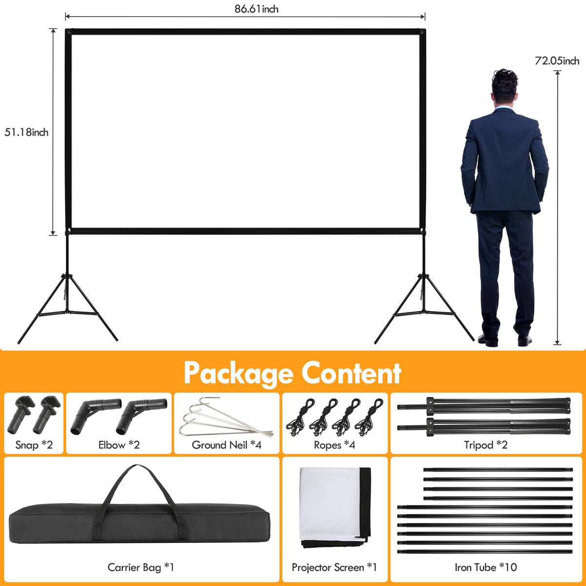 Outdoor Projector Screen with Stand, 100 inch 4K HD 16:9 Portable Movie Screen Wrinkle-Free Projection Screen with Carry Bag for Home Theater Movies Night