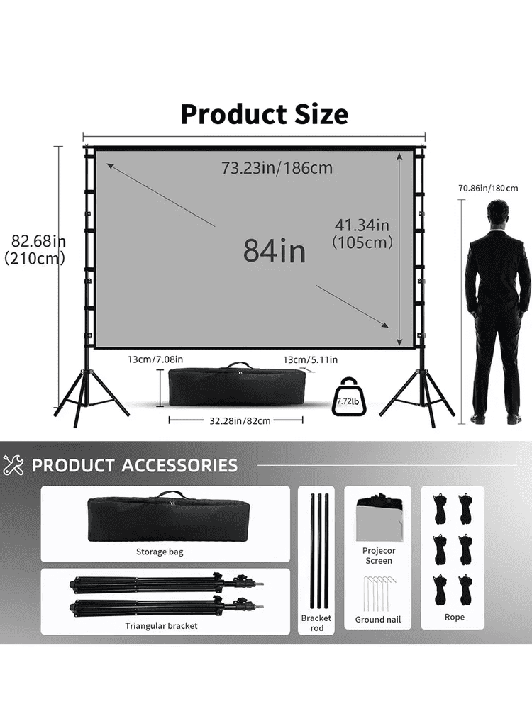 HVKDIEB Grey ALR Projector Screen with Stand, Portable 84 Inch 16:9 Projection Screen with Double Tripod & Carry Bag for Indoor Outdoor Home Theater Movie Night