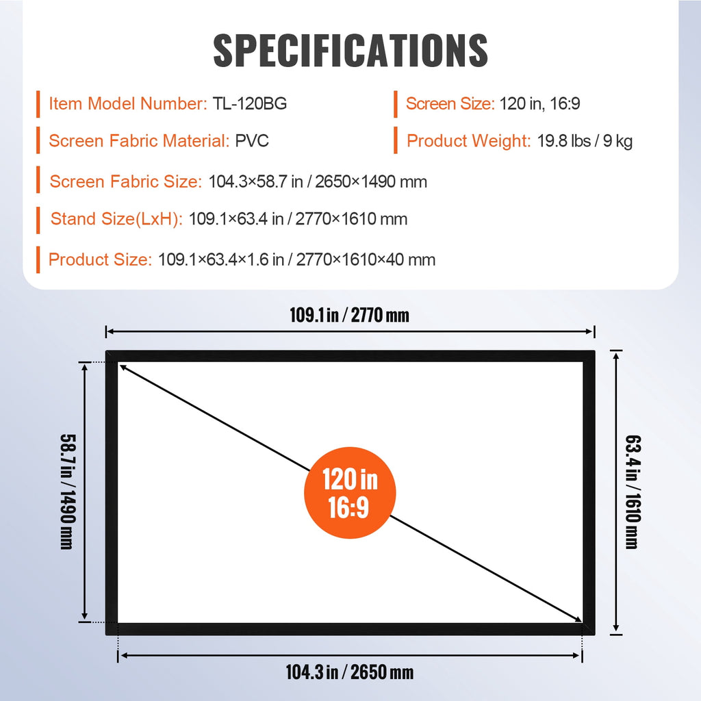 VEVOR 120" 16:9 Projector Screen Fixed Frame 4K HDTV Movie Theater 3D