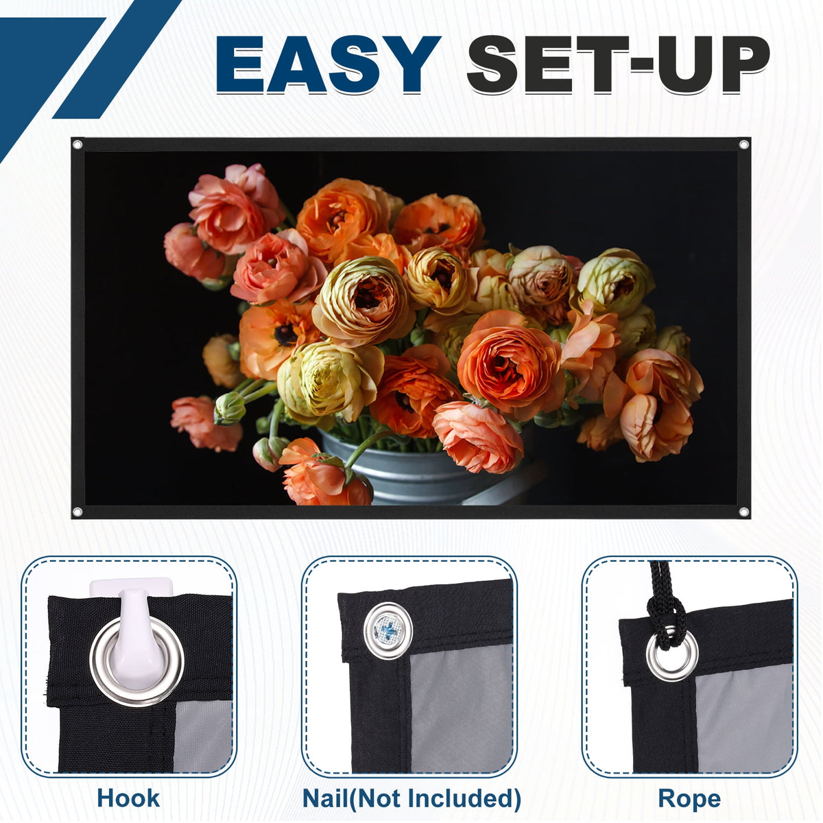 Uxcell Projector Screen 60 Inch 4K HD 16:9 Portable Ambient Light Foldable Anti-Crease Movie TV Projector Screen for Camping Patio Backyard Bedroom Indoor Outdoor Wall, Hook Type