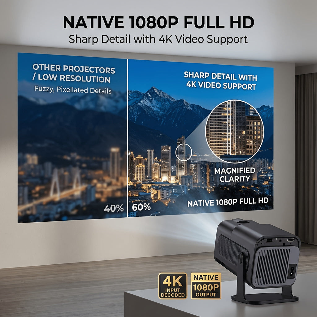 Portable Smart Projector Native 1080P with 4K Support, WiFi 6 & Bluetooth 5.4, Android 11, Wireless Screen Mirroring, USB/HD Connectivity, Auto Keystone, Outdoor Home Theater Gaming Projector