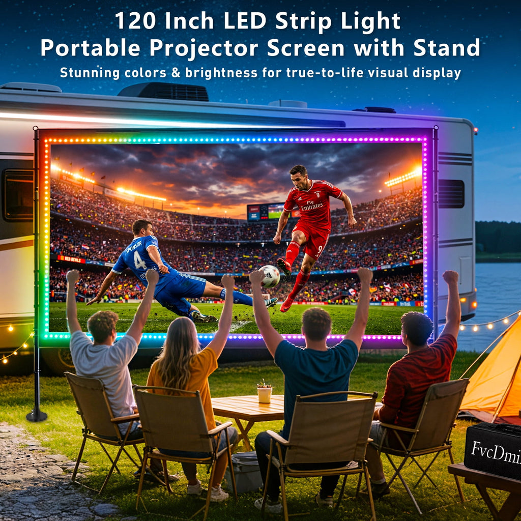 120 inch Outdoor Projection Screen with Stand, Smart RGB LED Strip Light, 4K 16:9 Wrinkle Wind Resistant Movie Screen, Foldable Portable Projector Screen for Backyard Camping Home Theater
