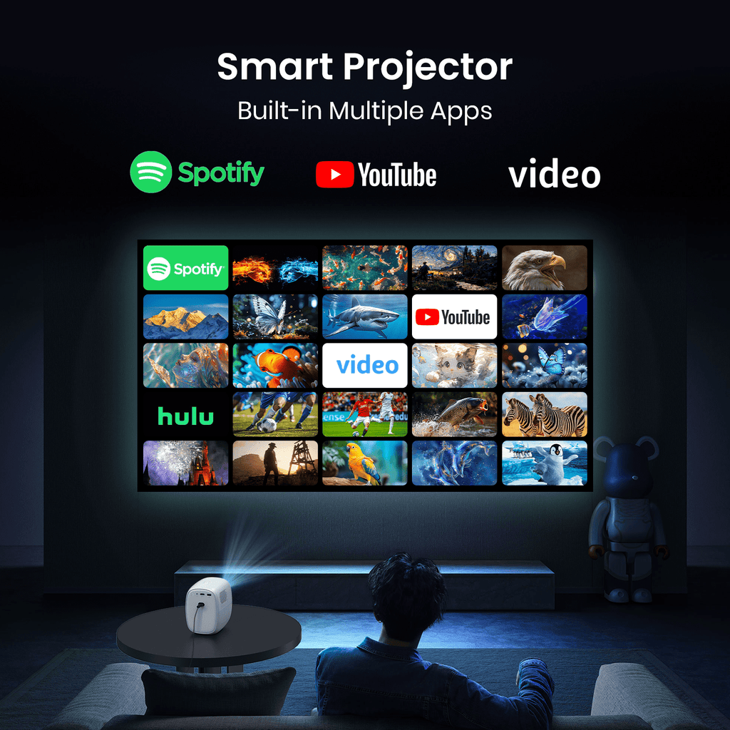 4K Projector with WiFi 6 and Bluetooth 5.4 Auto Screen Correction 1080p Native Res Built-in Apps & TV OS Stereo Speakers, White