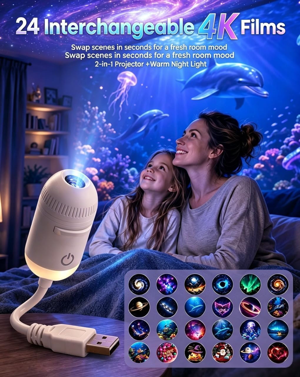 2-in-1 Holographic Galaxy Night Light, Hd 5d Star & Ocean Projector, 360° Static Ceiling Lamp, Usb Powered, Plug And Play