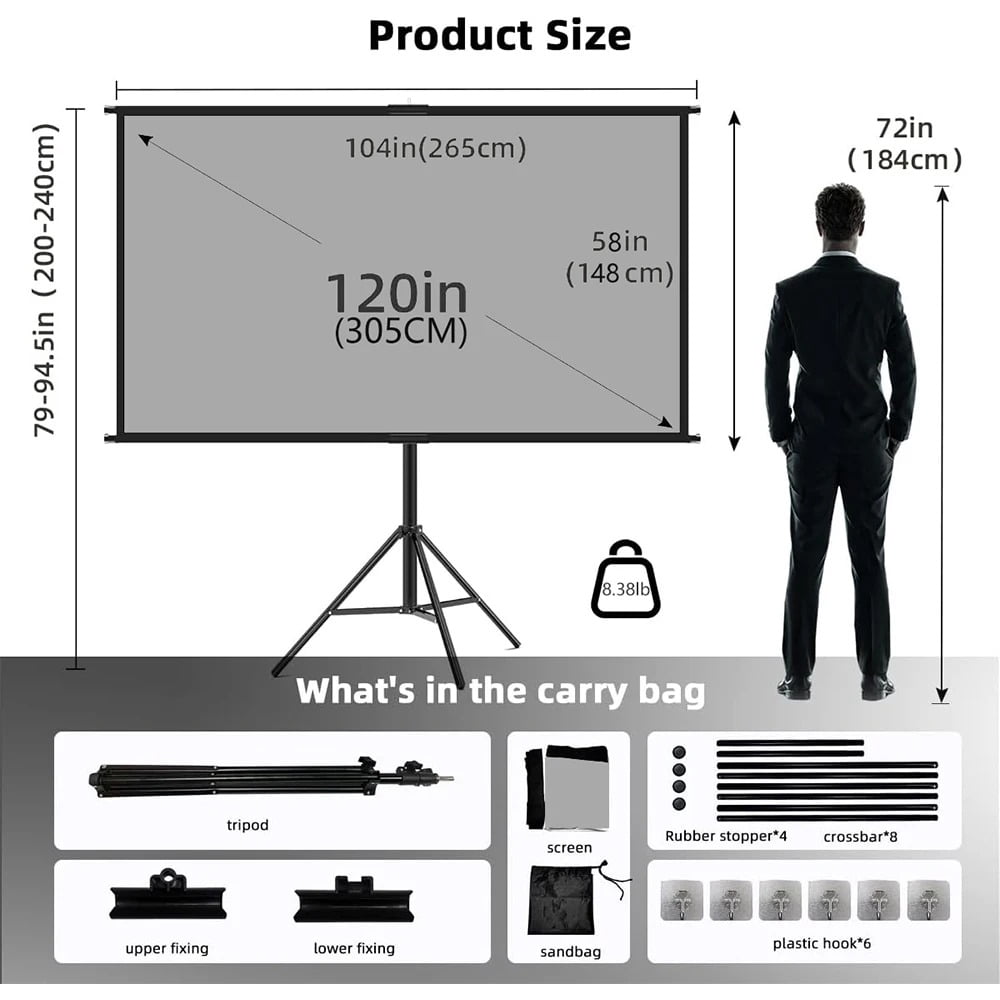GAINVANE Projector Screen With Stand Metal Grey Anti-Light 84 inch For Home Theater Outdoor Bracket Projection Screen