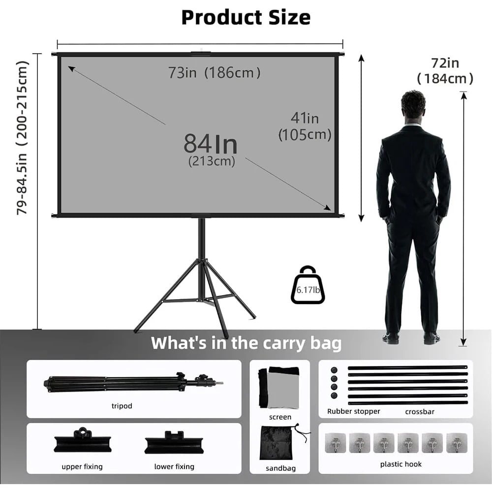 GAINVANE Projector Screen With Stand Metal Grey Anti-Light 84 inch For Home Theater Outdoor Bracket Projection Screen