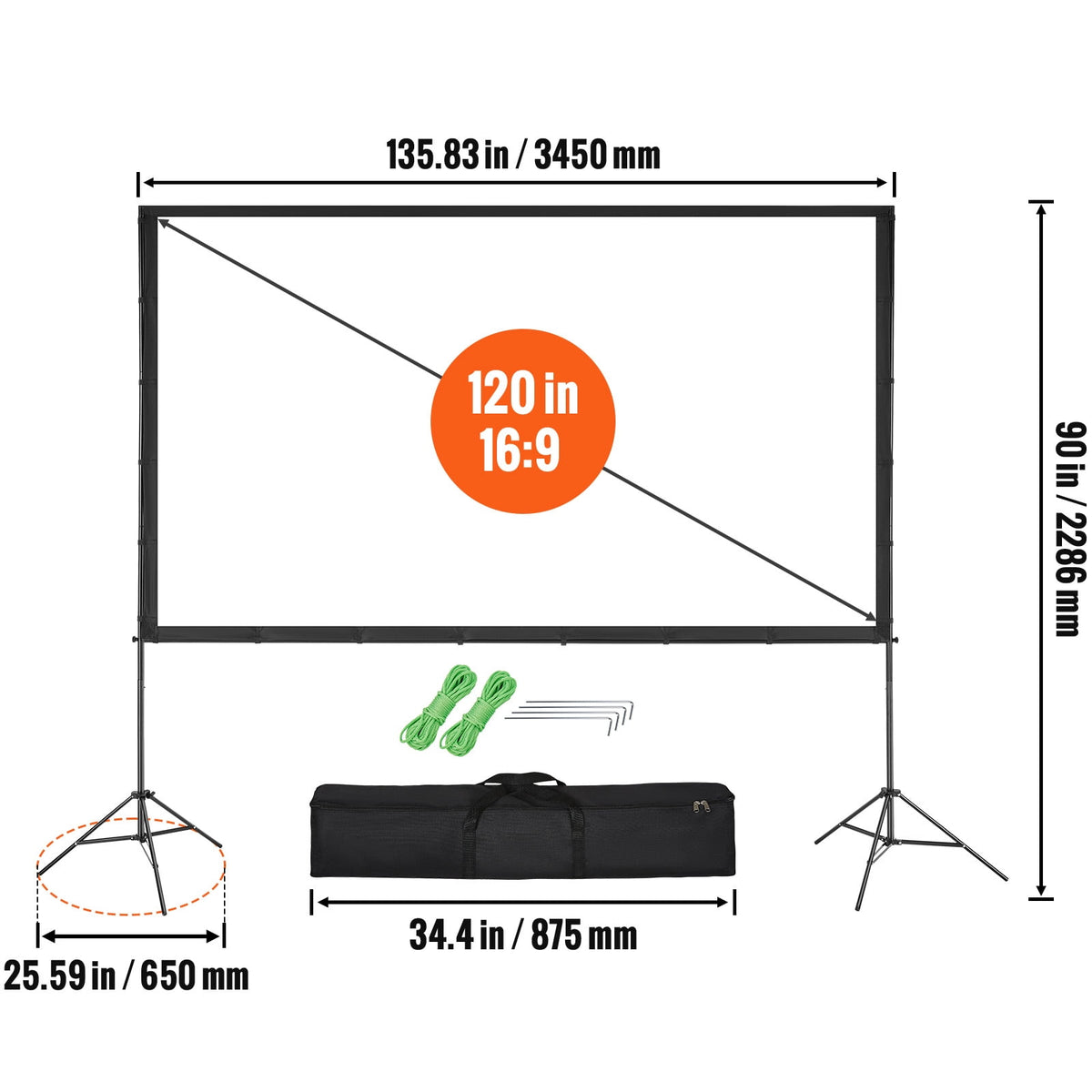 KFFKFF 100" Portable Projector Screen with Stand, 16:9, HD, 4K, Movie Screen Featuring Wrinkle-Resistant Design, for Indoor and Outdoor Use.